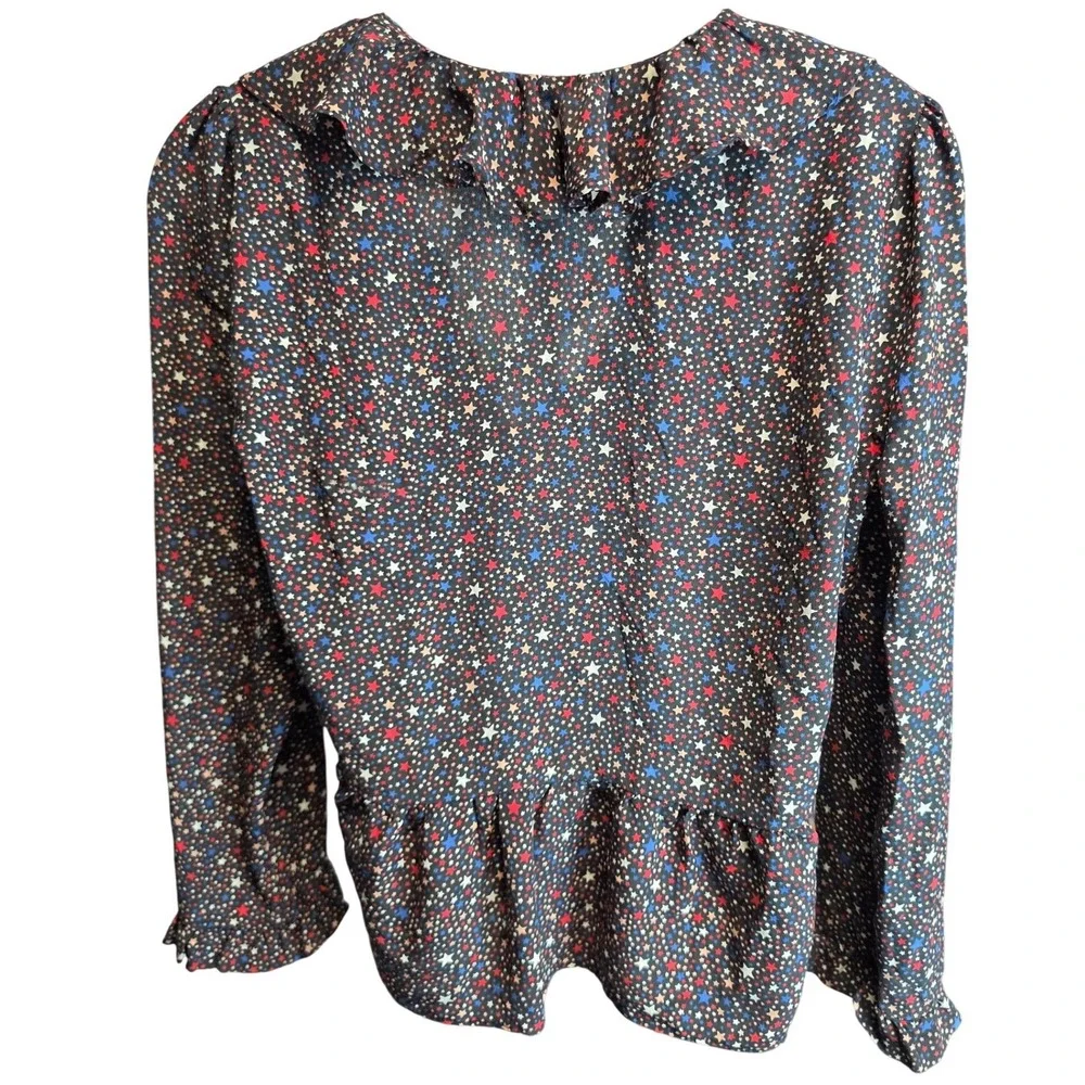 Madewell Womens Silk Star Print Ruffle Wrap Peplum Blouse Navy Blue Small